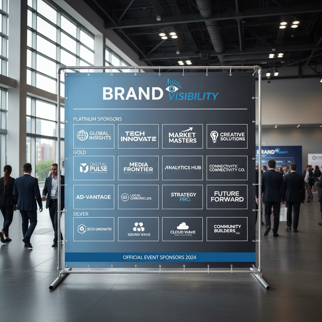 A large sponsor banner stands in the hallway of a convention center, displaying the logos of platinum, gold, and silver event sponsors.