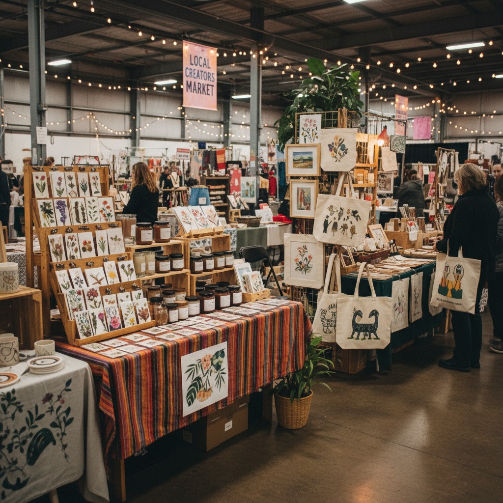 A crowded indoor artisan market features booths displaying handmade art prints, tote bags, and jars of goods under string lights.