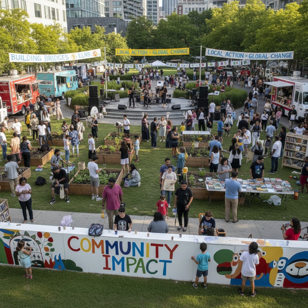 A crowded outdoor community event in a park featuring food trucks, raised garden beds, book stalls, and a stage with a band.