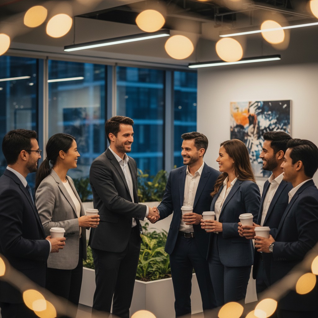 A group of business professionals in suits chat and hold coffee cups in an office, with two men shaking hands in the center.